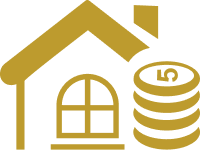 Gold house icon with stacked coins representing home equity value.