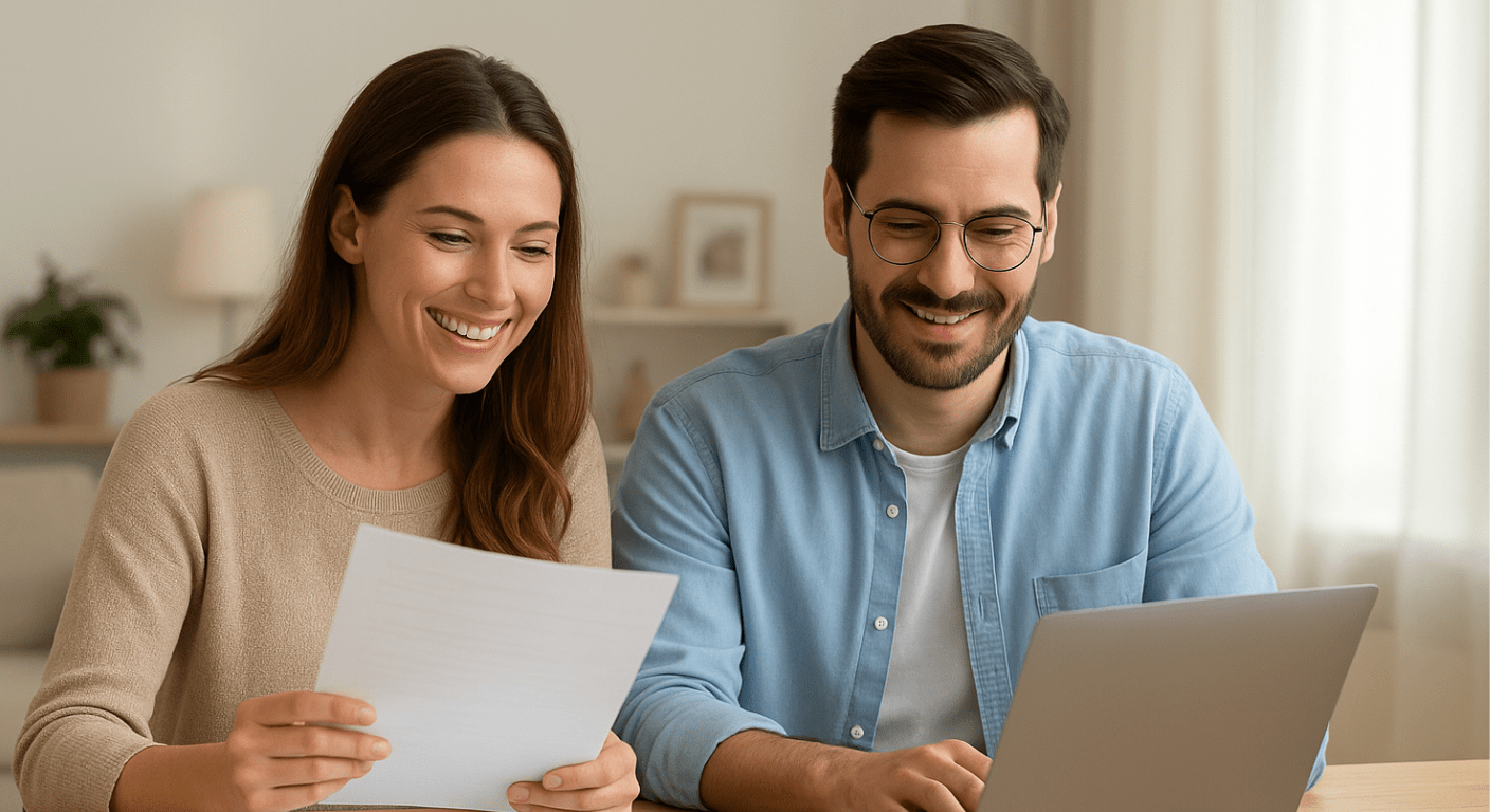 Smiling homeowners comparing a HELOC and a home equity loan on a laptop