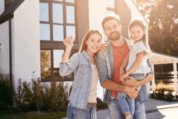 Family standing in front of their home after using home equity for renovations or financial goals