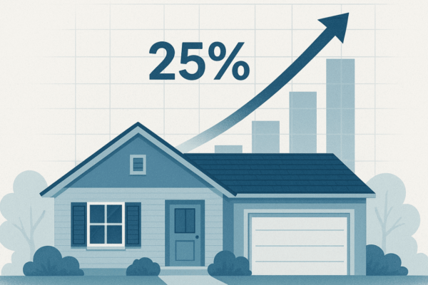 Illustration of a home with an upward 25% growth chart representing rising home equity for HELOC qualification