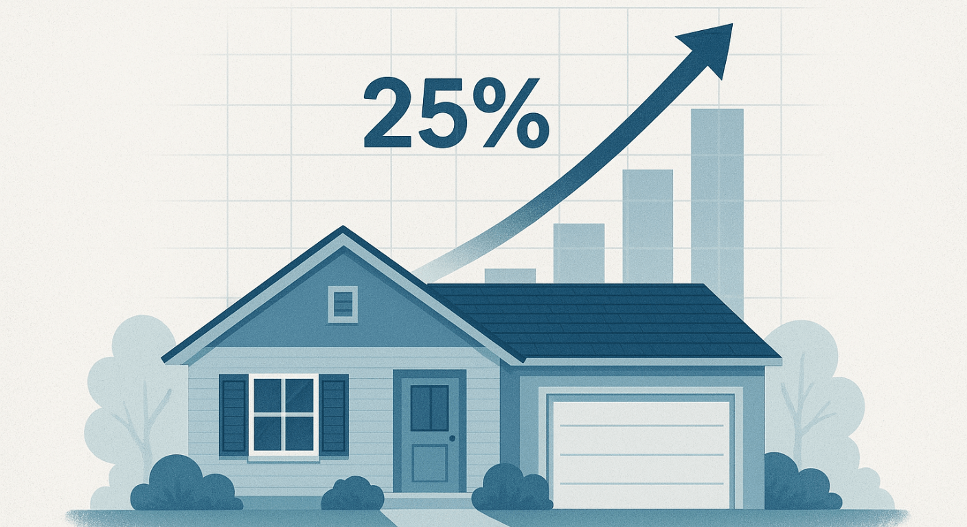 Illustration of a home with an upward 25% growth chart representing rising home equity for HELOC qualification