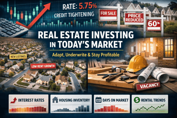 Collage showing interest rates, housing inventory, days on market, rental trends, and renovation costs for real estate investors.