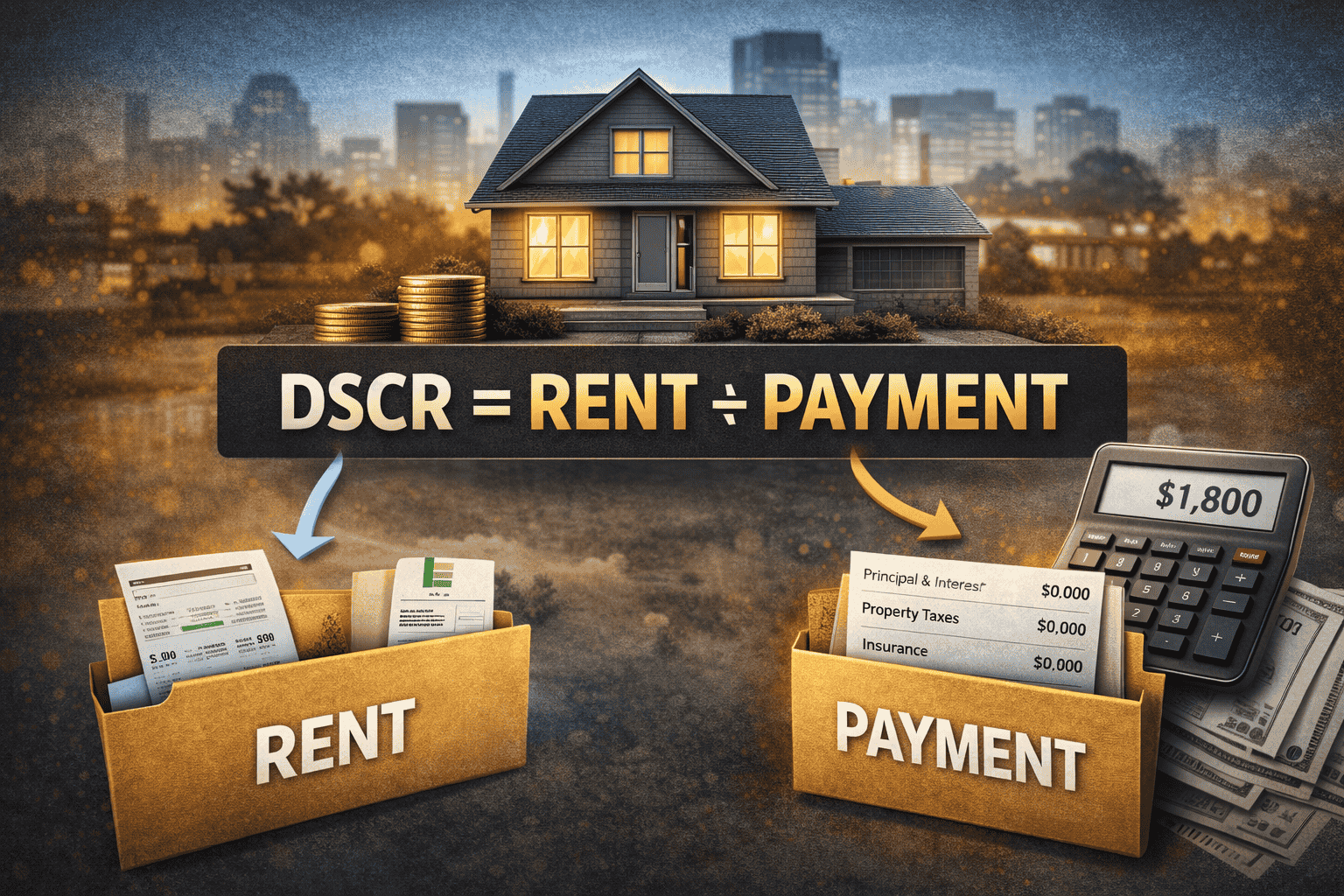 DSCR loan calculation example showing rental income divided by monthly mortgage payment