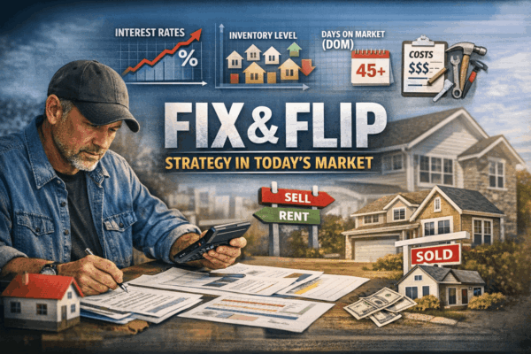Fix and flip investor reviewing plans and numbers with icons for interest rates, inventory level, days on market, and project costs.