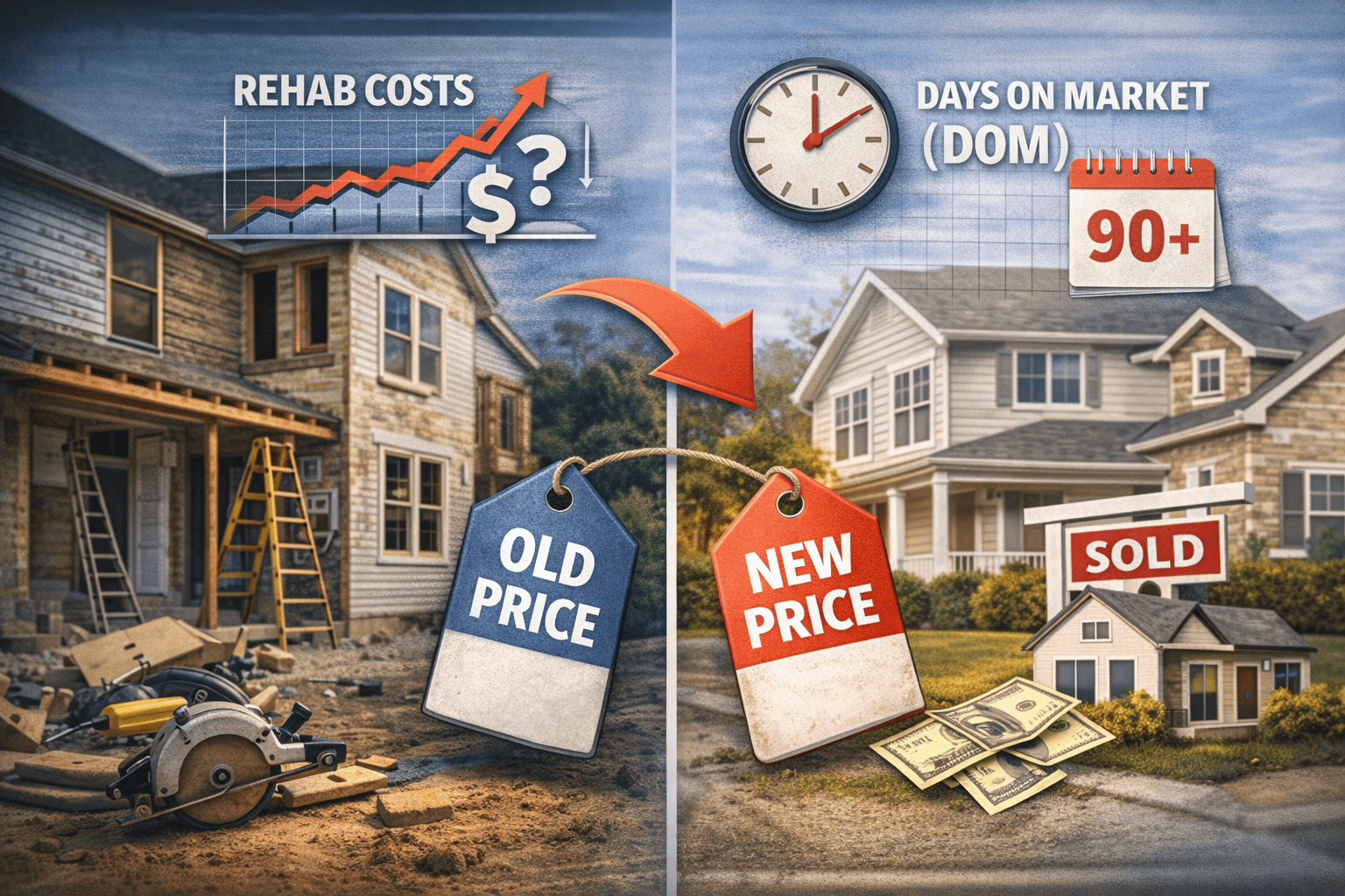 Before-and-after flip visual showing rehab costs rising and days on market increasing, leading to an old price vs new price reduction