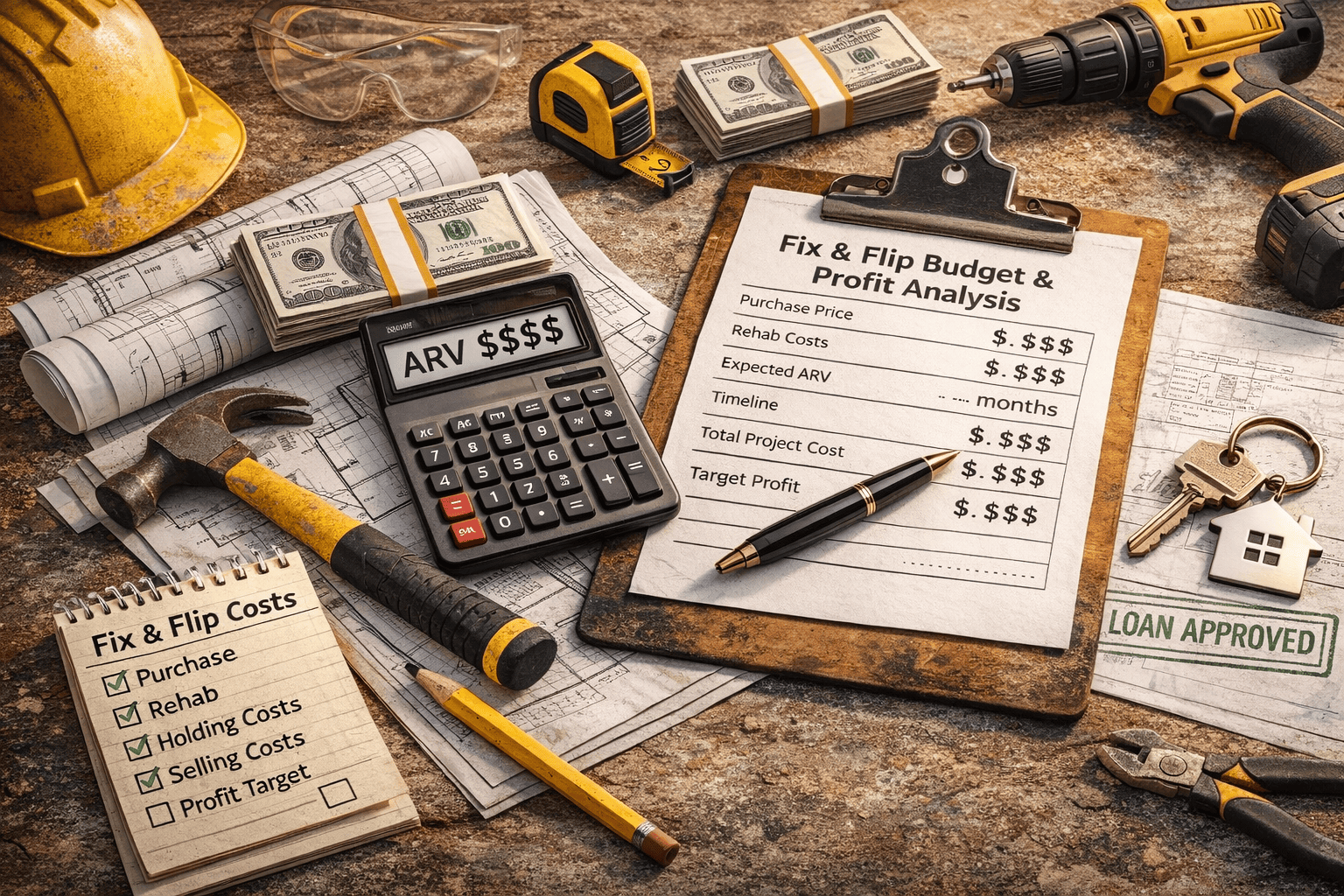 Fix and flip budget and profit analysis worksheet with ARV calculator, rehab costs, timeline, and loan approval