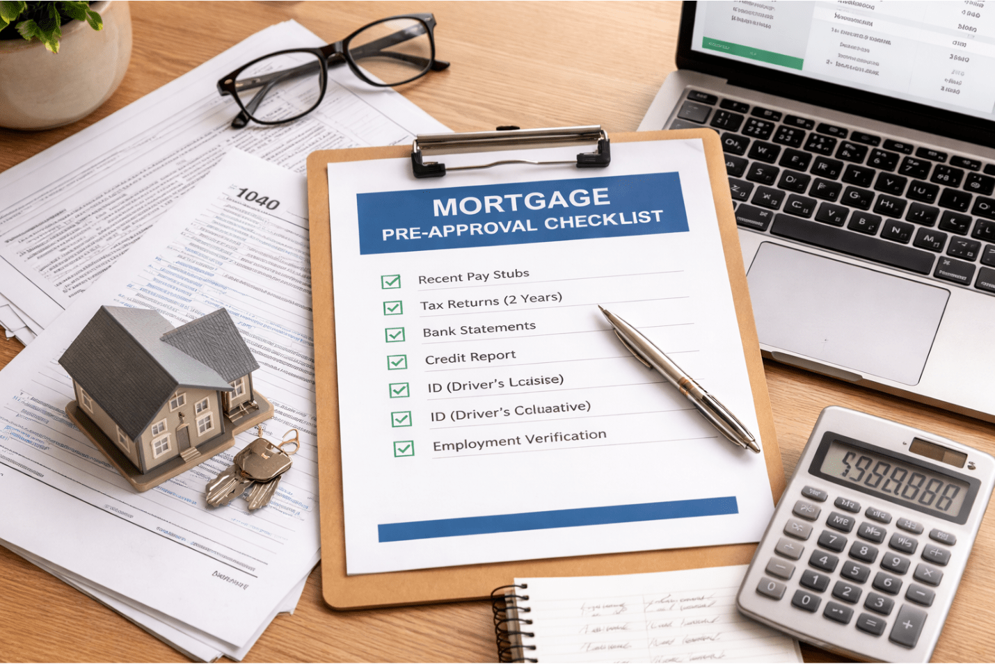Mortgage pre-approval checklist showing documents like pay stubs, tax returns, bank statements, ID, and credit review