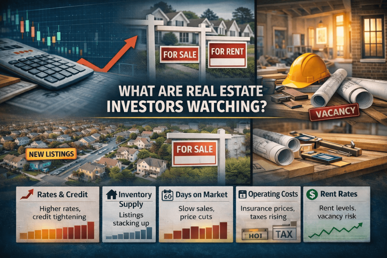Market trends dashboard showing rates and credit, inventory supply, days on market, operating costs (HOI and taxes), and rent trends with vacancy risk.