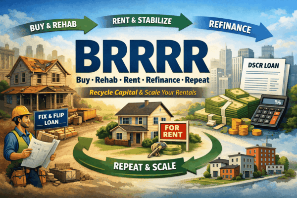 BRRRR strategy diagram showing buy, rehab, rent, refinance, and repeat using fix and flip loans and DSCR rental financing