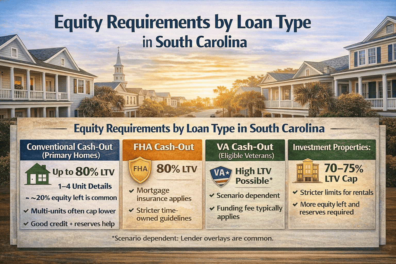 Equity and LTV limits vary by loan type—primary homes, FHA, VA, and investment properties each follow different cash-out rules in South Carolina.