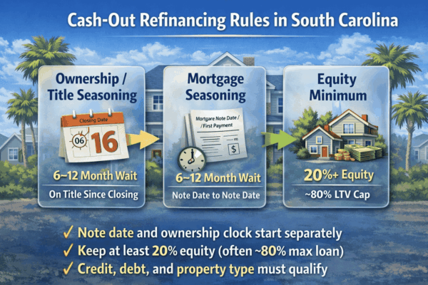 Cash-out refinance rules in South Carolina showing title seasoning, mortgage seasoning, and 20 percent equity requirements