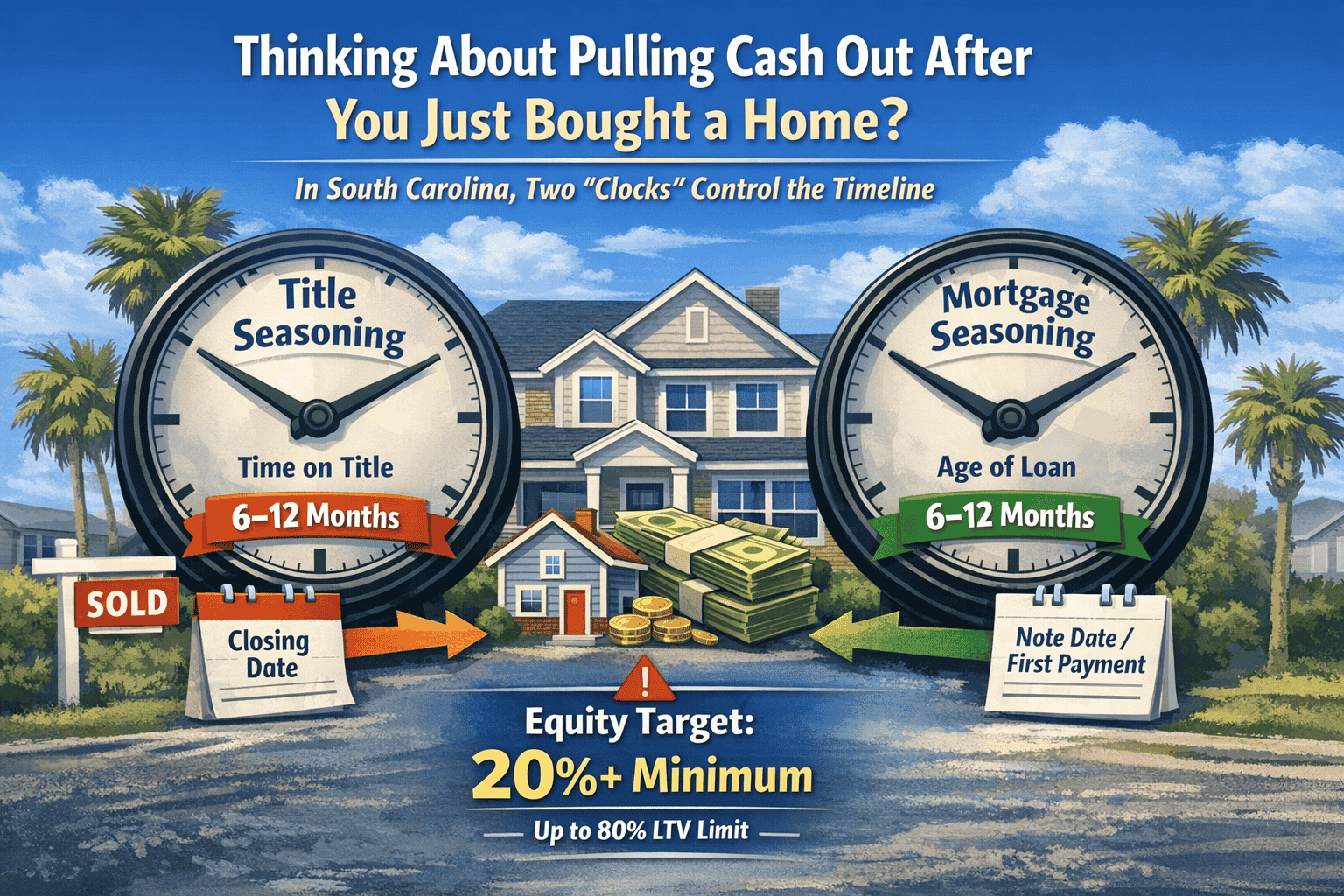 Illustration showing title seasoning and mortgage seasoning timelines for a cash-out refinance in South Carolina