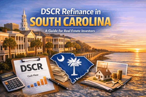 Header graphic for DSCR refinance in South Carolina featuring a coastal skyline, South Carolina outline, and DSCR rental cash flow visuals.
