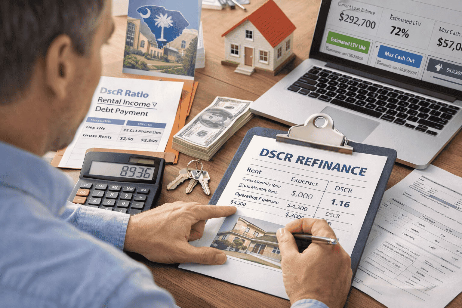 Real estate investor reviewing rental income, DSCR ratio, and refinance options for a South Carolina investment property.
