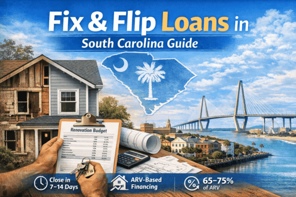Fix and flip loans in South Carolina illustrated with renovation planning, ARV-based financing, and investor property analysis.