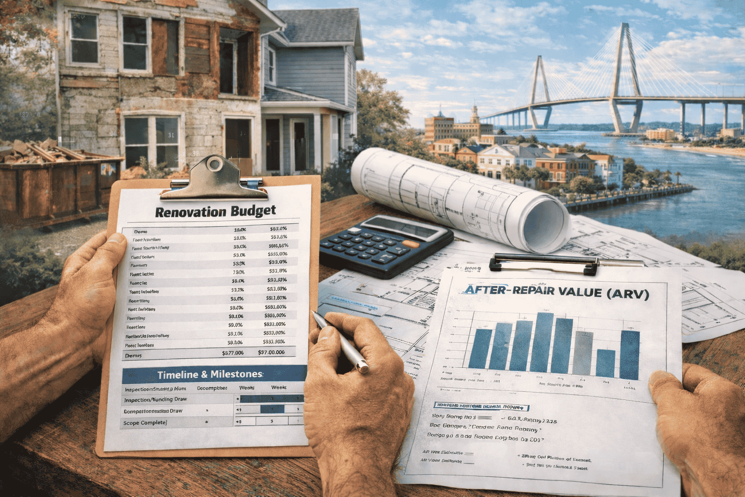 Real estate investor reviewing a fix and flip renovation budget, after-repair value estimate, and project timeline in South Carolina.