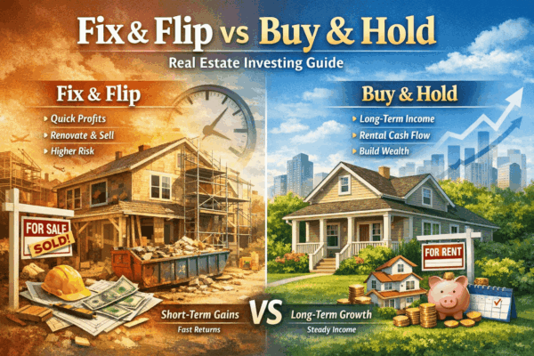 Illustration comparing fix-and-flip vs buy-and-hold investing, showing a renovation project on one side and a rental home with long-term growth on the other.