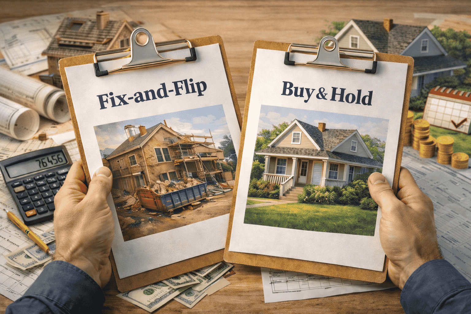 Real estate investor comparing fix-and-flip vs buy-and-hold strategy with renovation budget, rental cash flow, and timeline checklist.