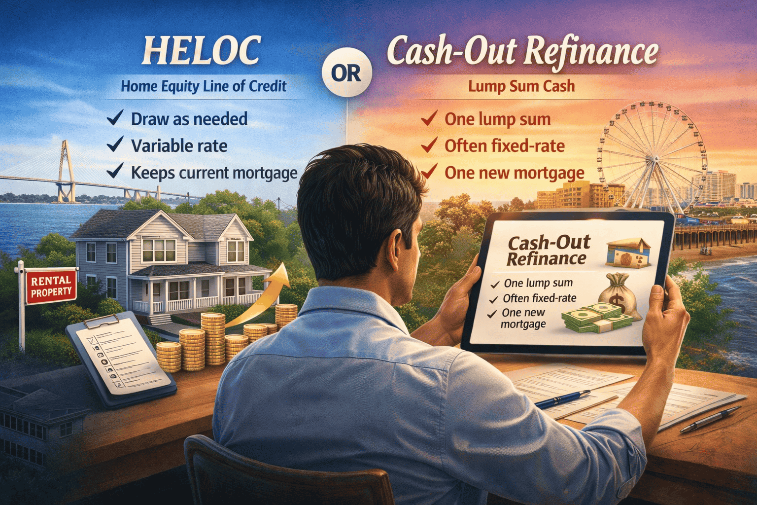 Investor comparing HELOC vs cash-out refinance to access equity on a South Carolina rental property.