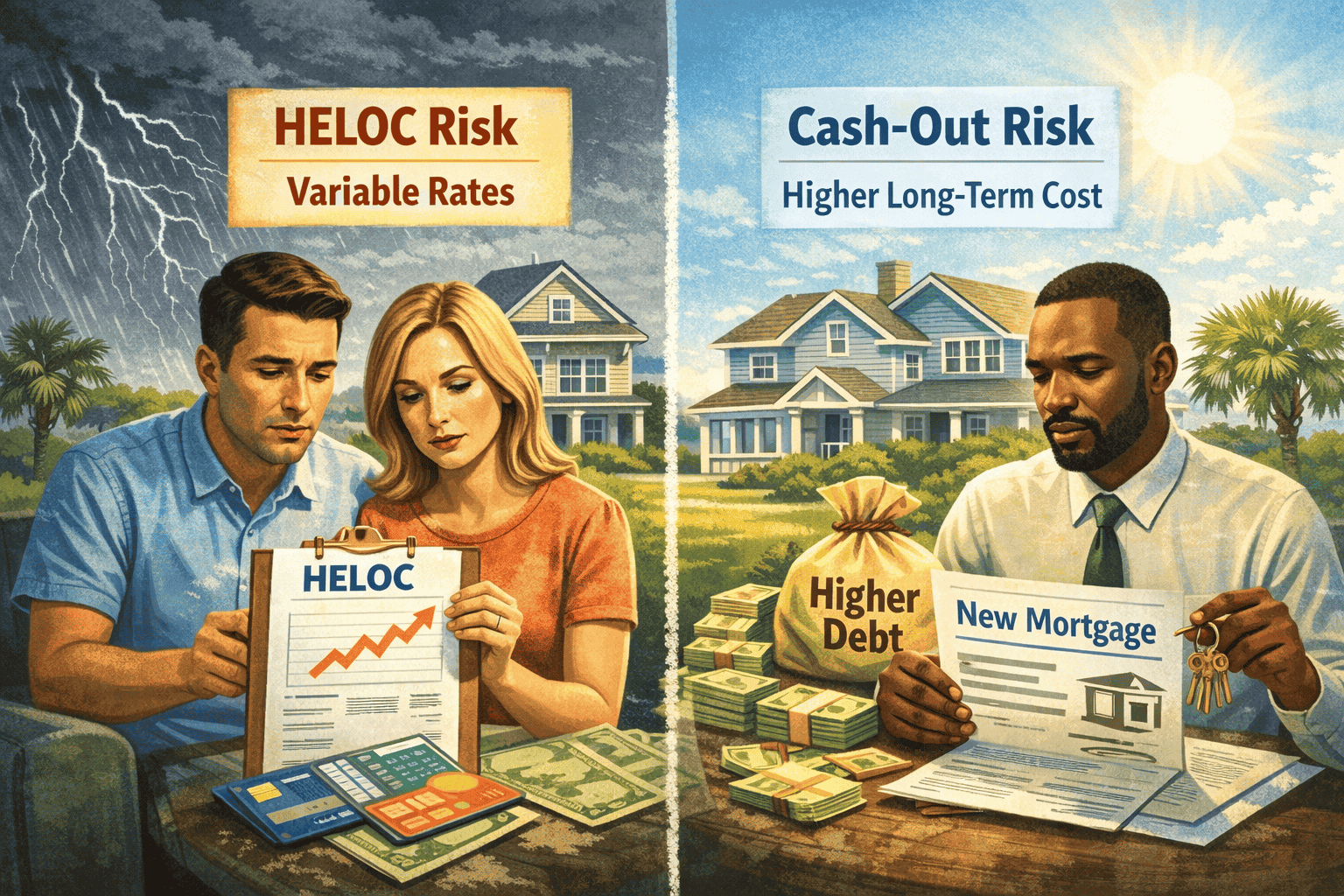 HELOCs carry variable-rate risk, while cash-out refinances often mean higher long-term debt and interest costs.