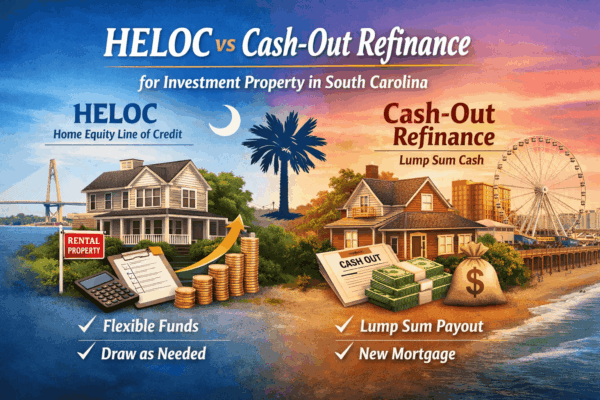 HELOC vs cash-out refinance for investment property in South Carolina comparison showing draw-as-needed HELOC vs lump-sum cash-out refinance.