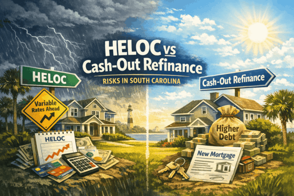 Comparison of HELOC vs cash-out refinance risks in South Carolina, showing variable-rate uncertainty on one side and higher long-term mortgage debt on the other.