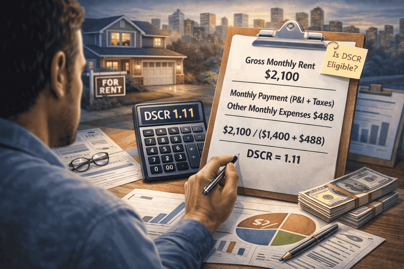 Mastering DSCR graphic showing rental income vs expenses with DSCR formula and calculator