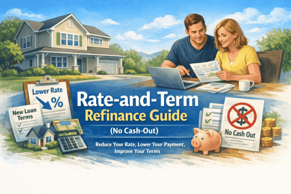 Rate-and-term refinance guide graphic showing lower rate, new loan terms, and no cash-out messaging.