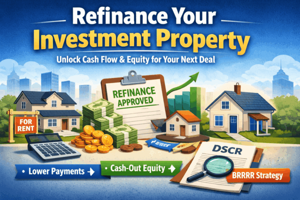 Illustration of refinancing an investment property showing cash-out equity, DSCR analysis, rental income, and BRRRR strategy for real estate investors.
