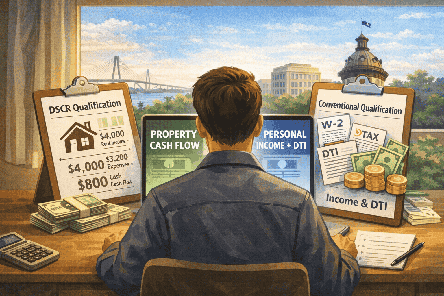 South Carolina rental property investor comparing DSCR loan vs conventional investment loan using cash flow and income documentation.